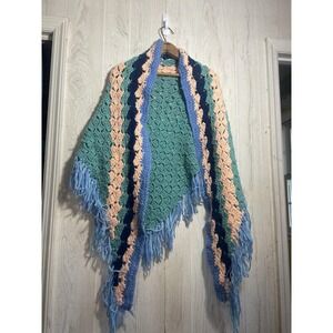 Vtg Handmade Crochet Multi Color Knit Afghan Poncho Shawl Cape Scallop Edge Boho
